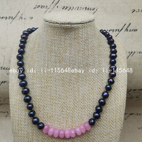 7-8mm Natural Black Pearl&5x8mm Pink Faceted Jade Necklace 18 Inch - Picture 4 of 6