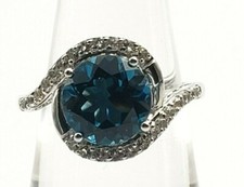 Sterling 925 Solitaire Faceted Round Blue Topaz CZ Pave Wave Cocktail Ring