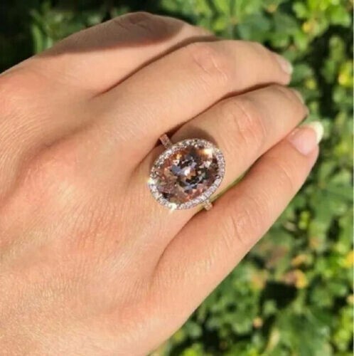 4Ct Oval Cut Simulated Morganite Halo Wedding Ring 14K Rose Gold Plated ...