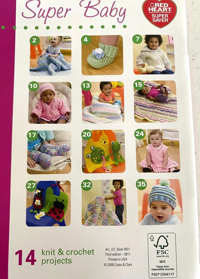 Crochet Knit Pattern Book 14 Baby Projects Sweater Hat Booties Dress Blanket Bib - Image 2 of 2