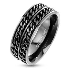 8mm Stainless Steel Men's Band Ring Anxiety Spinner Black Double Cuban Chain