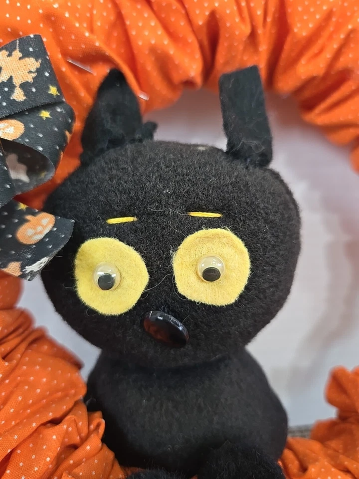 Vintage Handmade Halloween Wreath Black Cat Plush - Image 3 of 4