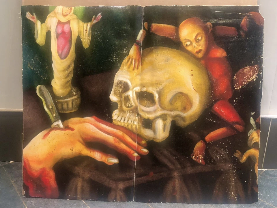Lienzo pintura al óleo surrealista vintage Vanitas Momento Mori firmado fechado - calavera Foto 2 de 4