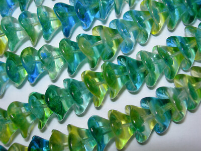 12 beads - Caribbean Blue Green Yellow Czech Glass 3 petal Flower Beads 10mm