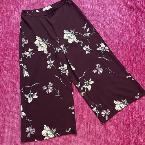 Lauren Conrad Runway Cropped Wide Leg Pants Floral Wine/Burgundy Size 12