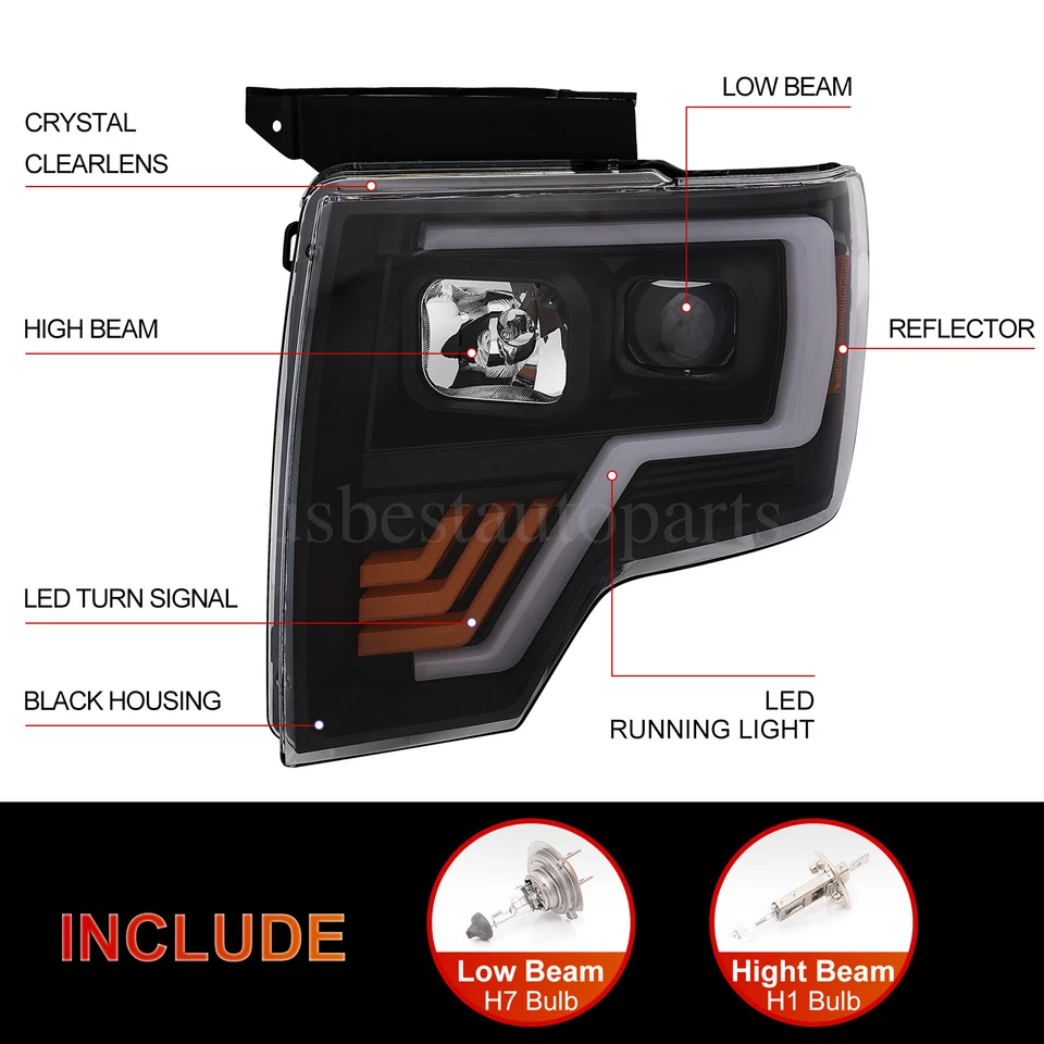 Headlight Headlamp Projector Black w/LED Signal For 09-14 Ford F-150 F150 Foto 3 de 4