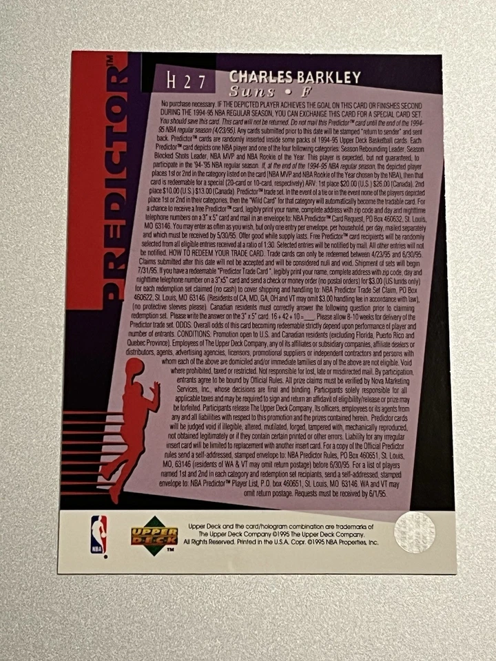 1994-95 1994 UPPER DECK NBA MVP HOBBY PREDICTOR REDEMPTION CHARLES BARKLEY #H27 - Image 2 of 2