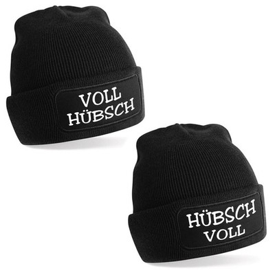 2er Set Beanie Mütze mit Spruch VOLL HÜBSCH & HÜBSCH VOLL   Strickmütze Geschenk