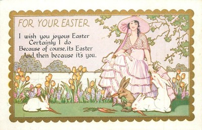 Art Deco Embossed Easter Postcard Rabbits Eat Carrots Woman in Pink Dress 555