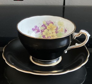 Staffordshire England Bone China Floral Black Teacup and Saucer