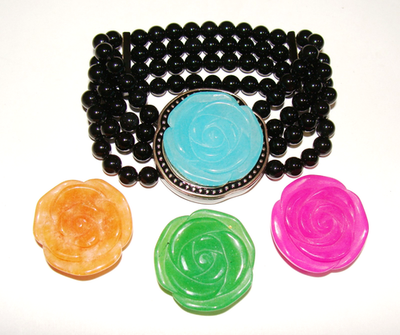 #ad HSN 4 Row Black Onyx Interchangeable 4 Carved Flower Stones Stretch Bangle $34.99