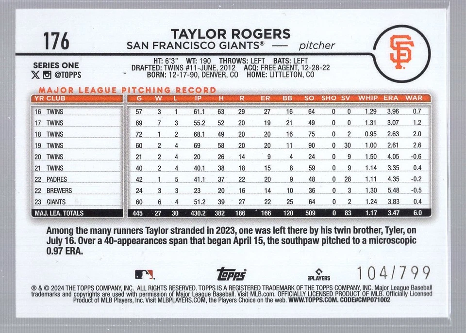 * 2024 Topps - Purple Holofoil #176 - TAYLOR ROGERS [104/799] - Image 2 of 2