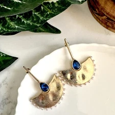 Gold Fan Drop Blue Stone Earrings Faux Pearl Crystal Boho Jewelry Gift NEW