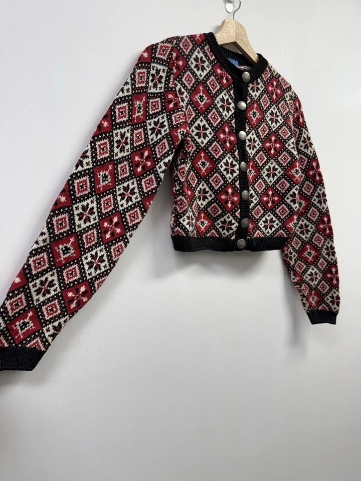 Cárdigan Recortado Old Navy Fair Isle Rojo Negro Blanco De Colección Años 90 Talla Juvenil 12 Foto 3 de 4
