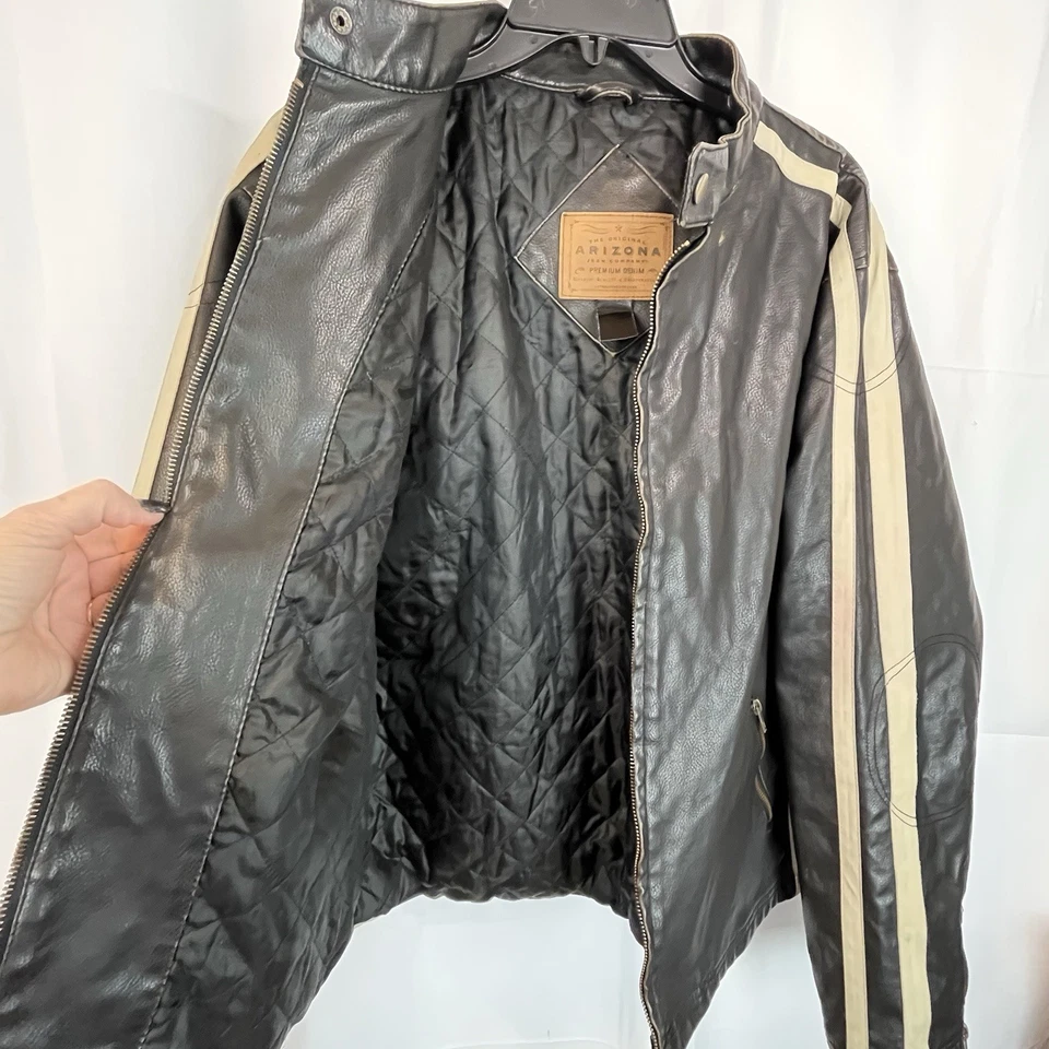 Men's Black/Brown Large Arizona Faux LEATHER Cafe Moto RACER JACKET w/ Stripe - Image 3 of 4