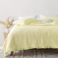 Pastel Yellow Ruffled Quilt King Size, Stone-Washed Microfiber Lightweight