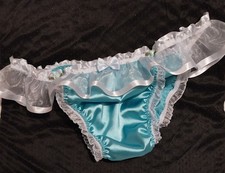 NEW TURQUOISE SATIN  Organza Trim Sissy Panties cd tv  Frilly Fem  Tanga