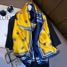 Satin Scarf , Yellow & Navy with Mini Floral Motif and Striped Border