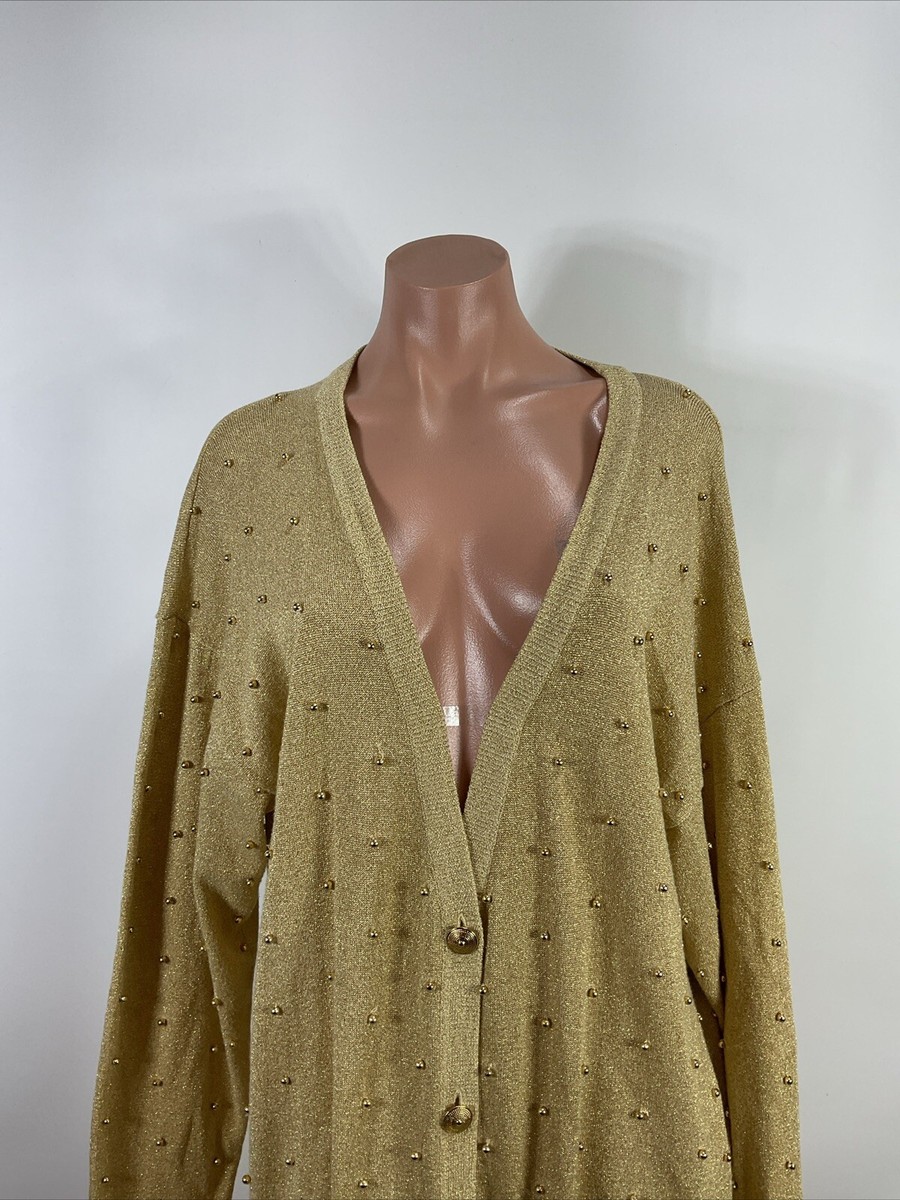 90s Vintage Gold Metallic Cardigan Sweater Shimmer Luxe Knit M