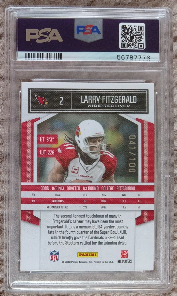 2010 Panini Classics Timeless Tributes Silver /100 Larry Fitzgerald PSA 10 POP 1 - Image 2 of 2