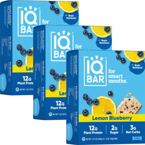 IQBAR Brain and Body Plant Protein Bars - Lemon Blueberry - 36-Count Low Carb...