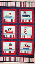 Nautical Sailboat Lighthouse Boat Fabric 24" Panel Cotton Benartex