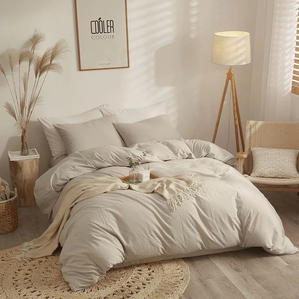 NEW West Elm Beige Tan Solid Soft Washed Cotton Modern Bedding Duvet & Sham Case - Image 3 of 4