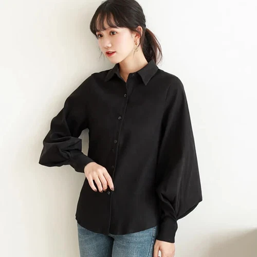 Women Puff Sleeve Button Down Shirt Lady Casual Loose Shirt Blouse Top Asian sz - Foto 25 di 26
