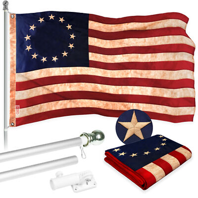 NEW G128 Betsy Ross Tea-Stained Flag & Flagpole, 5FT Silver Pole and 2x3FT Emb