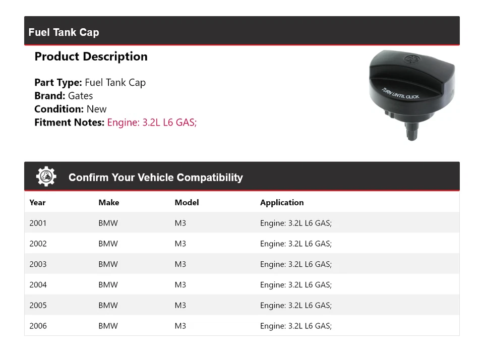 For 2001-2006 BMW M3 3.2L L6 GAS Fuel Tank Cap Gates 2002 2003 2004 2005 - Image 2 of 4