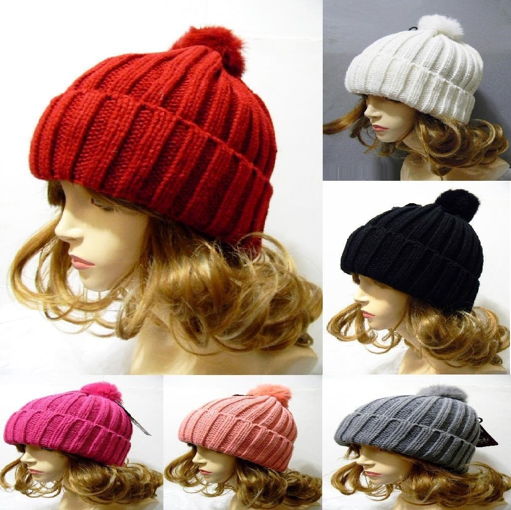Striped Knit Warm Winter Ski Beanie Hat Knit Style Rabbit Fur Pom