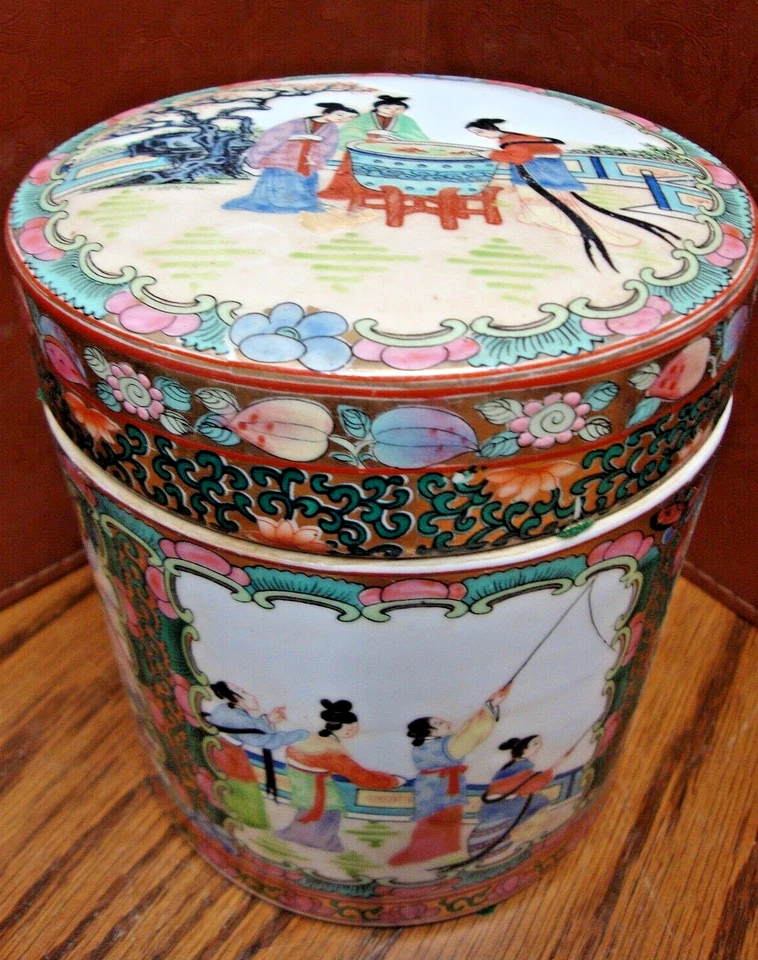 Rose Famille Vintage Anos 90 Chá Chinês Caddy Vasilha com Tampa ~ Medalhão Rosa F24 - Imagem 2 de 4