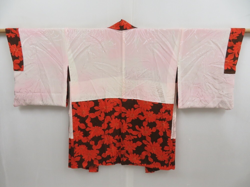 4718T13z610 Vintage Japanese Kimono Silk HAORI Flower Orange-Red