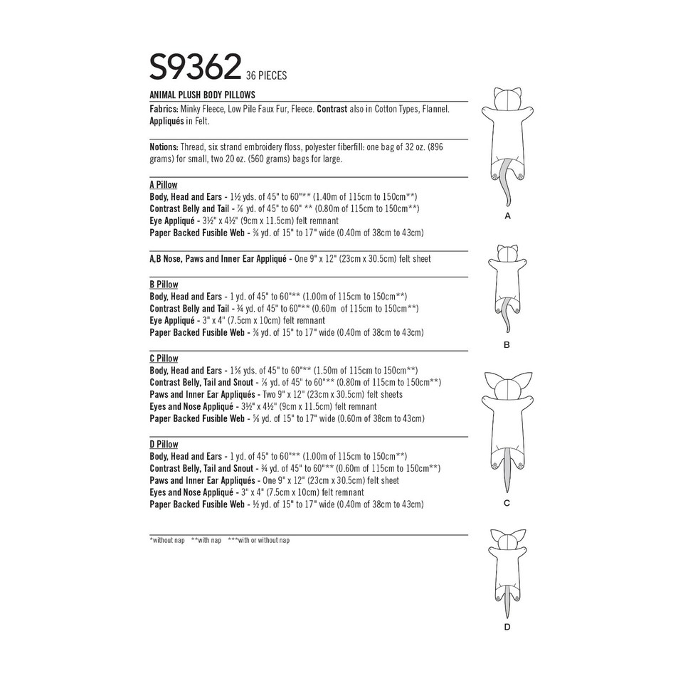 Simplicity Pattern S9362 Plush Body Pillows Kitty, Chihuahua eBay