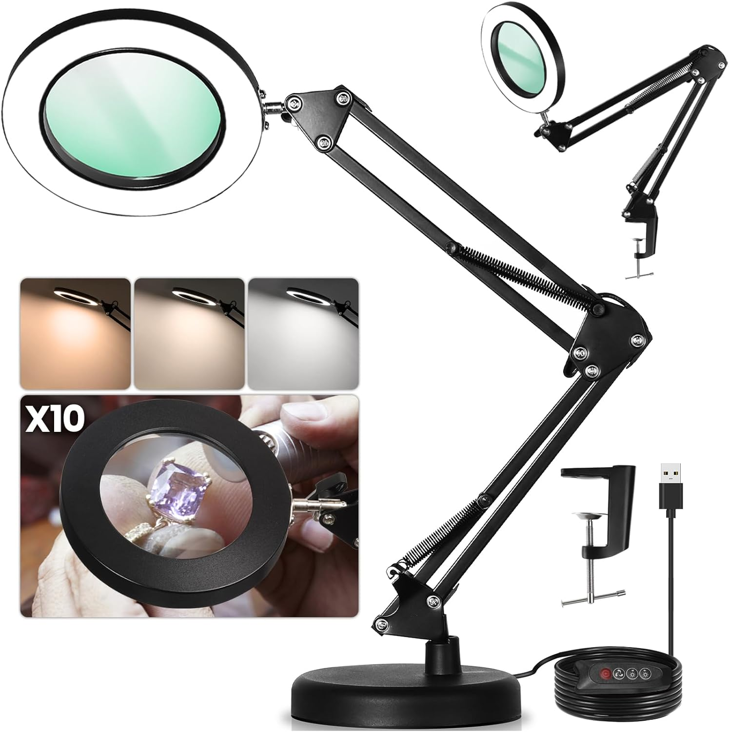 10X Magnifying Lamp with Stand 4.3 Inch Glass Lens 3 Colors 72 LED Light
