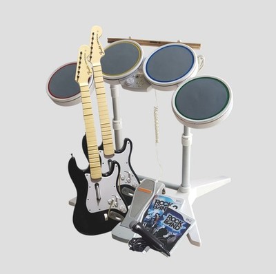Rock Band Bundle (Nintendo Wii,  2008) 2 Guitars, Drum Set, Microphone & Games