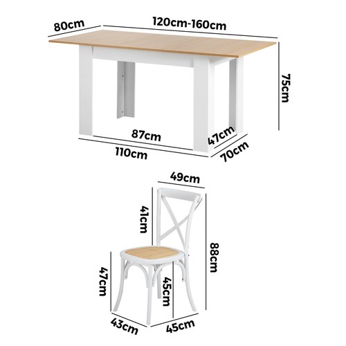 Oikiture 160cm Extendable Dining Table with 4PCS Dining Chairs Crossback White - Picture 10 of 10