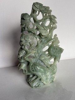 Chinese cranes immortality vintage jade green carved Hardstone Sculpture