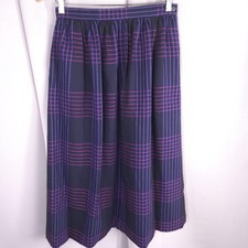 Vintage Evan Picone Skirt Womens S M Navy Purple Plaid Wool Midi Pleated USA 80s