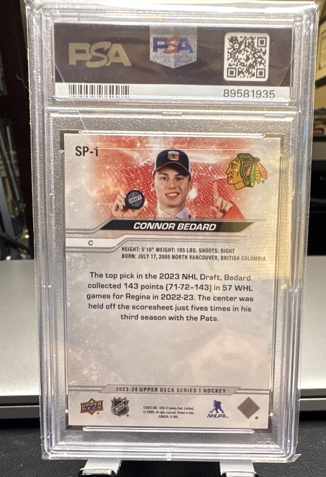 Upper Deck 2023-24 Series 1 NHL Draft SP Connor Bedard Blackhawks #SP-1 PSA 8 view 2