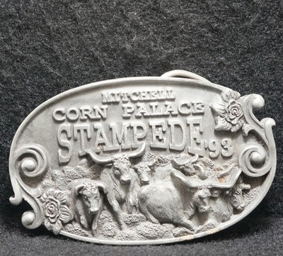 WJ09152 VINTAGE 1993 **CORN PALACE STAMPEDE** WESTERN COWBOY PEWTER BELT BUCKLE