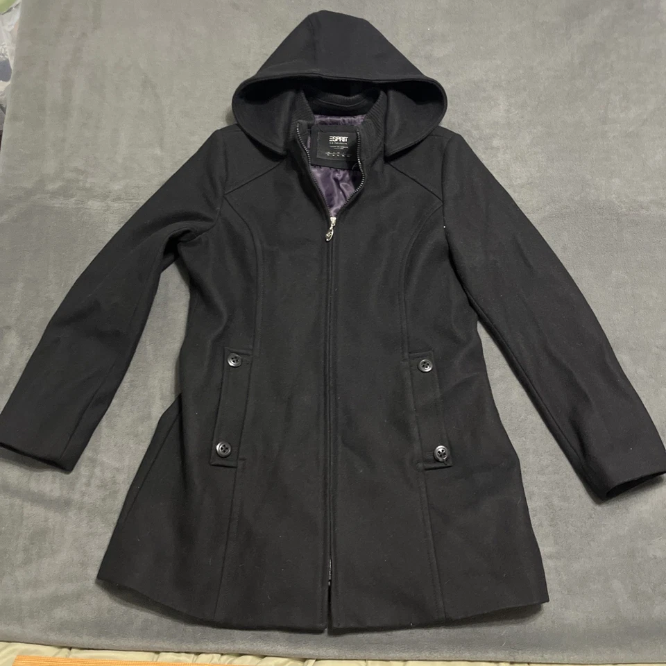 Abrigo de invierno de lujo para mujer Esprit de longitud media mezcla de lana con capucha negro XL Foto 2 de 4