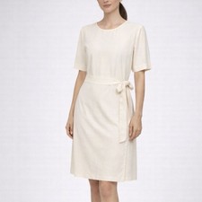 St. John Tie Waist Midi Dress 8 Ivory Short Sleeve Pleated Panel