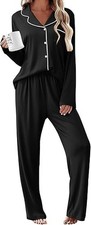 Ekouaer Womens 2 Piece Pajama Set MEDIUM Long Sleeve Sleepwear Soft Lounge Black
