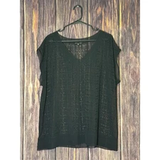 Eileen Fisher Tunic Top Womens XL Black Sheer Eyelet V Neck Cap Sleeve