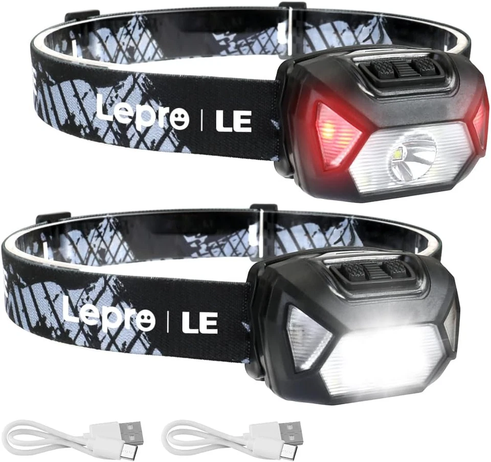 Lepro Linterna Frontal LED Recargable 2000Lux (2 Pack), Linterna Cabeza USB Reca - Imagen 2 de 4