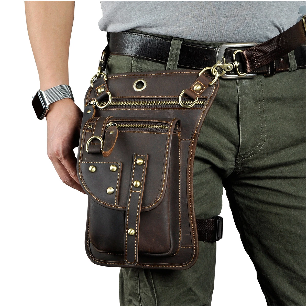 Le'aokuu Mens Genuine Leather Motorcycle Waist Pack Messenger Shoulder Drop Leg Bag