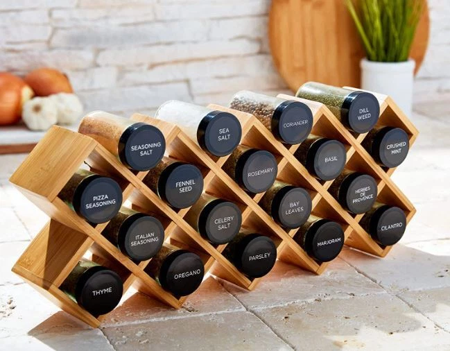 Brand New Kamenstein Criss-Cross Bamboo Spice Rack with 18 FULL spice jars