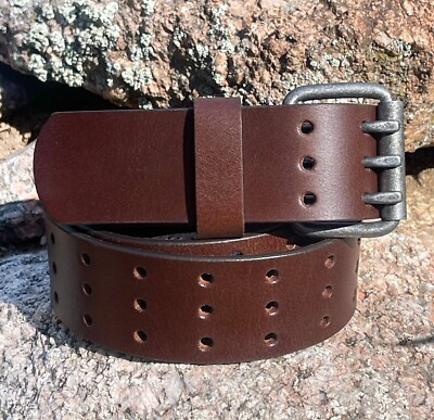 Full Grain Milled Buffalo Leather 3-Hole Triple Prong Buckle Belt  Brown