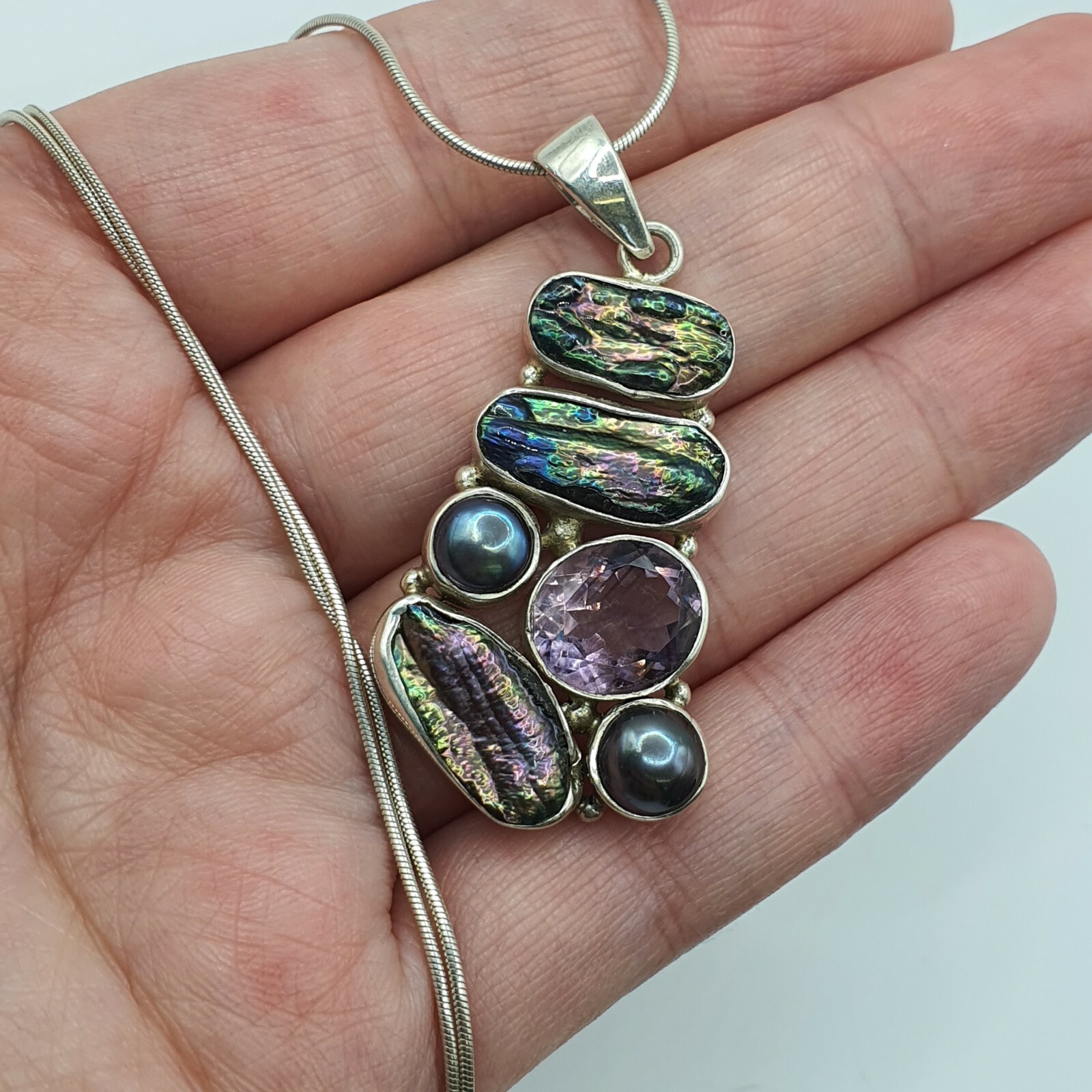 Photo 7 of Ladies Sterling Silver Necklace With Pearl And Amethyst on 17" Chain , N8